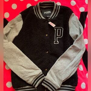 New with tags PINK Victoria's Secret Grey Black Sherpa Varsity Jacket